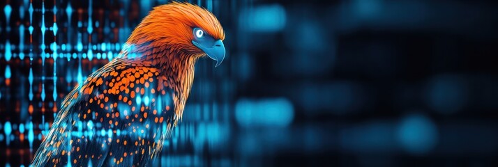 A stylized hawk with a digital background representing technology and nature fusion.
