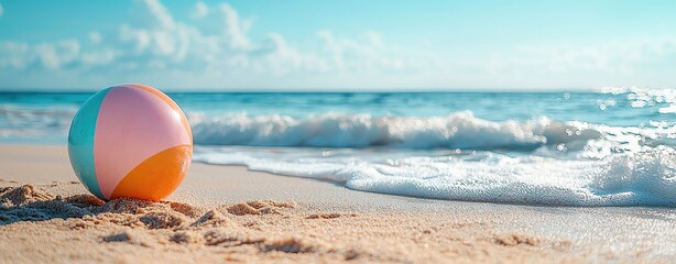 Obraz premium tropical summer relax pastel background Colorful beach ball on sandy shore.