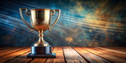 Celebrating achievement and success, this trophy on a wooden table embodies victory in sports and competitions,