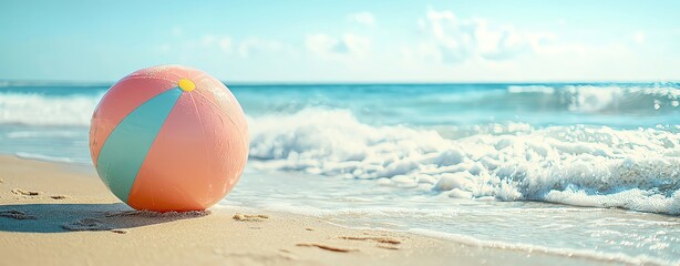 Obraz premium tropical summer relax pastel background Beach ball on sandy shore, sunny day