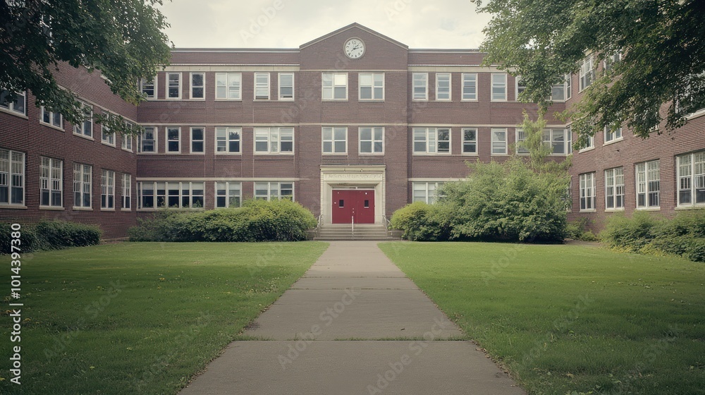 Sticker A brick school building with a clock and red doors, surrounded by green grass and bushes.