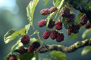Mulberry fruit tree with ripe and green leaves in sunlight.