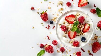 From above delicious homemade yogurt with strawberries