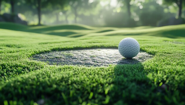 Golf ball on green grass near a bunker.