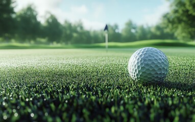 Obraz premium Golf ball on green with flag in background.