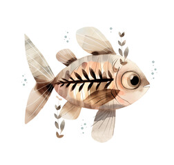 Illustration of a cute x-ray fish for the design of children's products. Watercolor illustration in pastel colors.