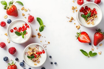 From above delicious homemade yogurt with strawberries