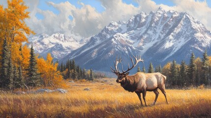 A majestic elk stands in a vibrant autumn landscape with mountains in the background.