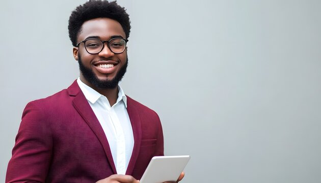 Smiling African American man in a red blazer holding a tablet