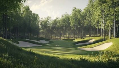 A scenic golf course nestled in a forest.