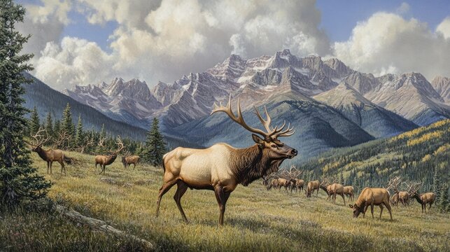 A serene landscape featuring a majestic elk amidst a herd, set against mountain scenery.