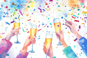 A vibrant celebration scene featuring raised champagne glasses surrounded by colorful confetti.