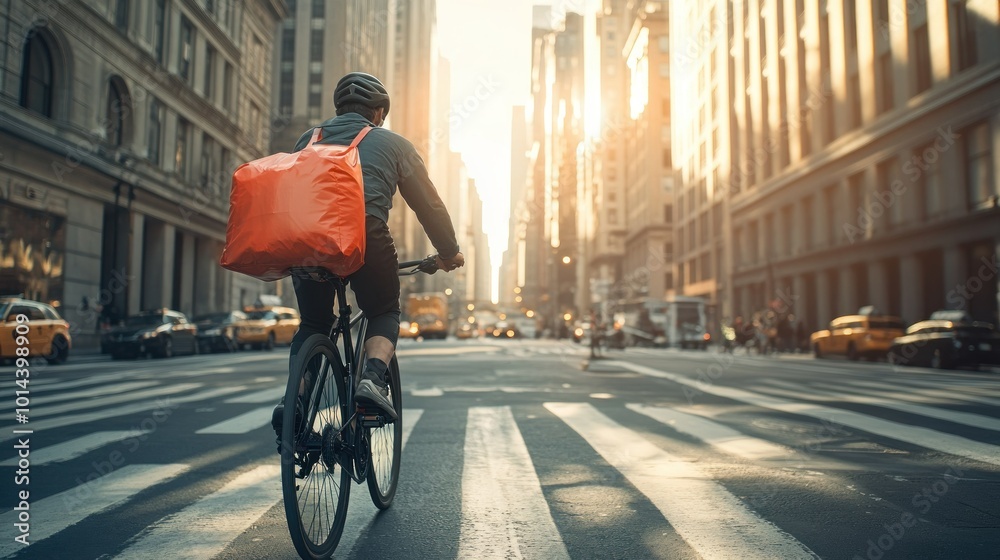 Wall mural A cyclist with a red bag rides through a city street at sunset.