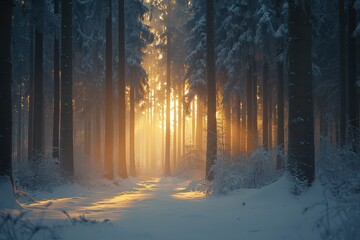 Sunlight Filtering Through Snowy Winter Forest