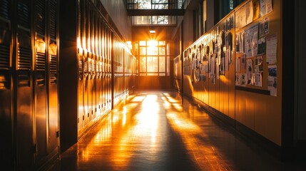 A sunlit school hallway with lockers and bulletin boards creating a warm atmosphere.