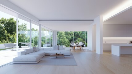 Fototapeta premium A bright, modern living room with large windows, minimalist decor, a comfortable sofa, and an inviting atmosphere connecting indoor and outdoor spaces.