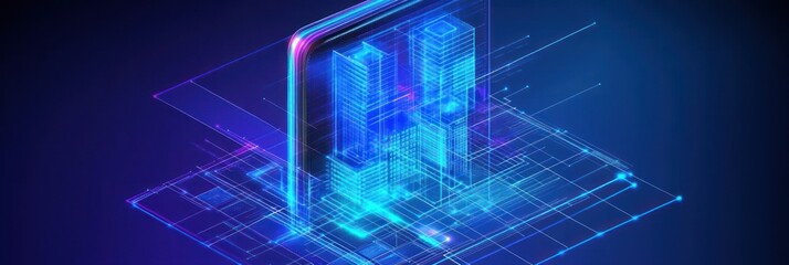 Obraz premium A digital representation of a smartphone displaying futuristic city buildings.