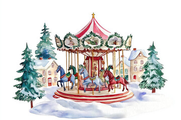 A charming winter scene featuring a carousel surrounded by snow-covered trees and quaint houses, invoking a festive holiday spirit.