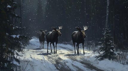 Obraz premium Three moose walking along a snowy forest path in a serene, wintry landscape.