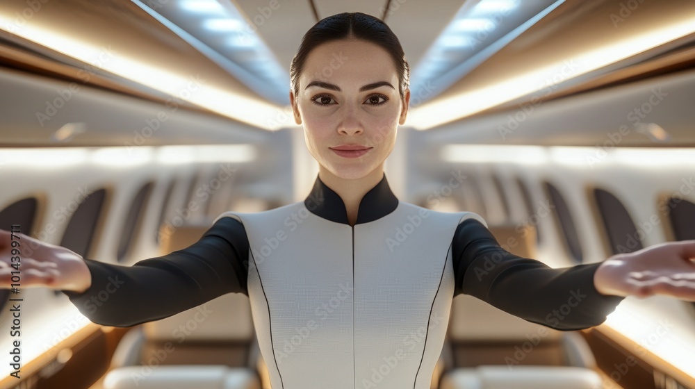 Poster A woman in a futuristic outfit stands in a sleek, modern aircraft interior, arms outstretched.