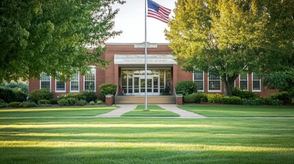 A brick building with a flag, surrounded by greenery and a well-maintained lawn.