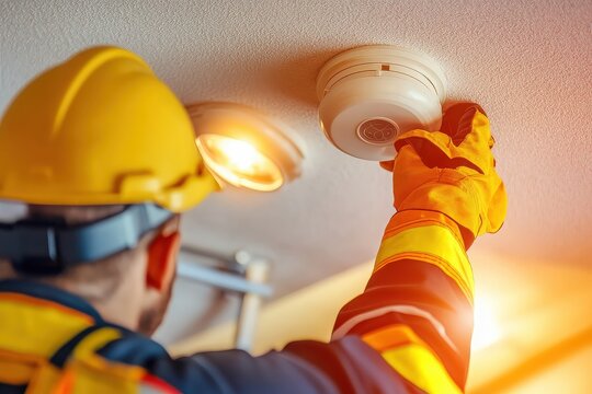 Worker installing smoke detector on ceiling