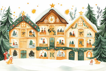 A festive winter scene featuring whimsical houses adorned with decorations, surrounded by snowy trees and cheerful holiday figures.