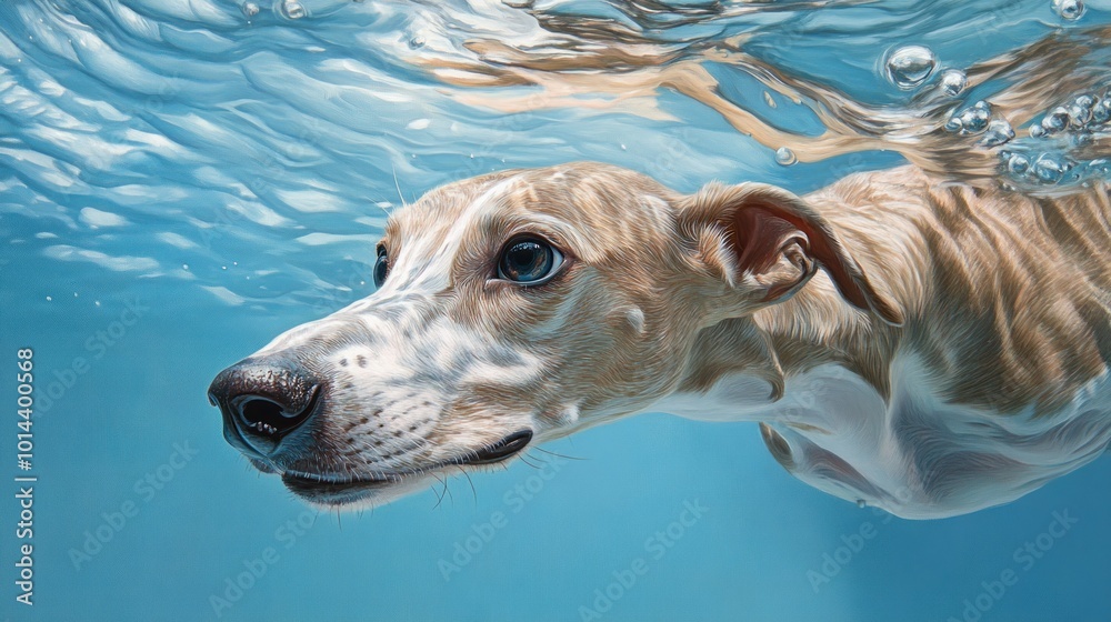 Sticker A dog swimming underwater, showcasing its grace and curiosity in a vibrant aquatic setting.