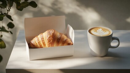 minimalist photo of open white paper box mockup with croissant next to cup of coffee