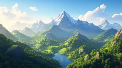 Fototapeta premium Stunning mountain landscape showcasing towering peaks, lush greenery, and a serene lake under a clear blue sky during midday.