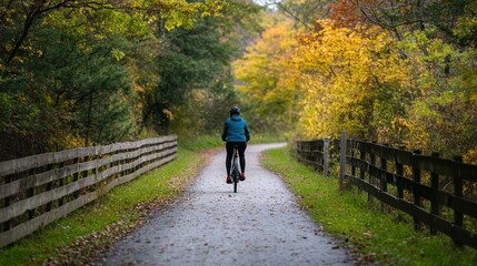 Obraz premium A cyclist on a path surrounded by autumn foliage.