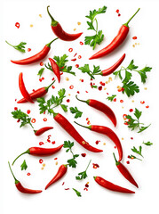 Many red peppers and parsleys are flying around On a white background