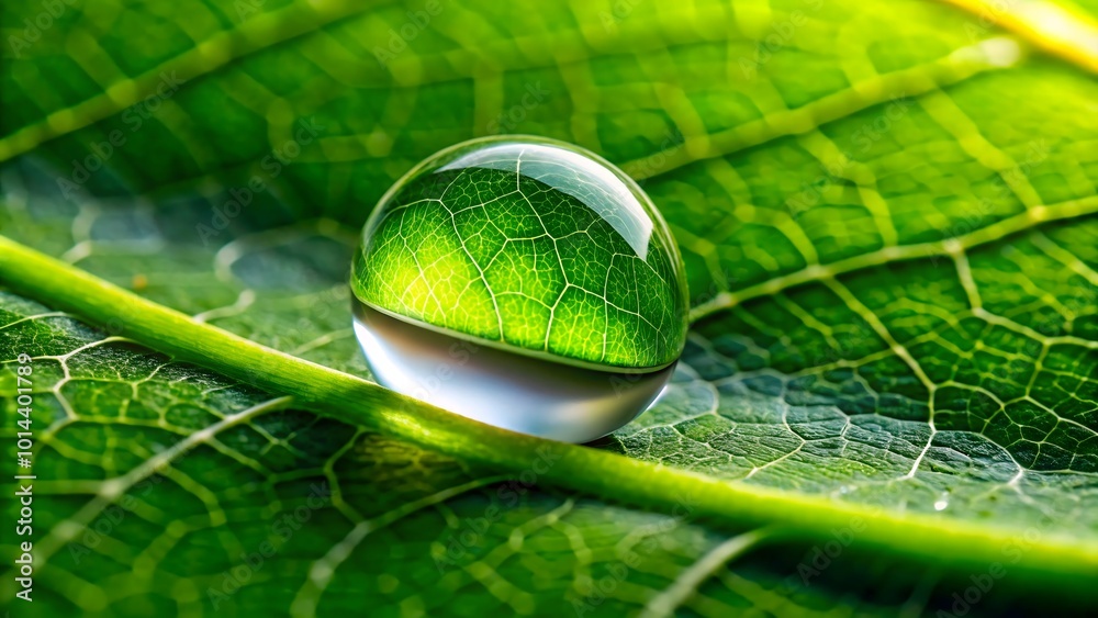 Wall mural a drop of water on a green leaf