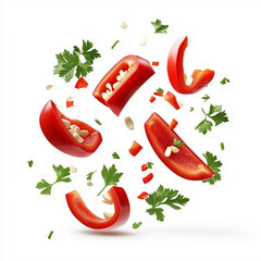 Many red peppers and parsleys are flying around On a white background