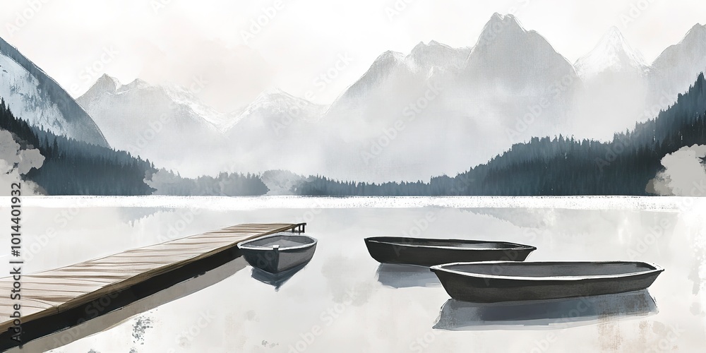 Wall mural Digital watercolor painting of Panorama landscape rowing boats on lake with jetty against mountain background 