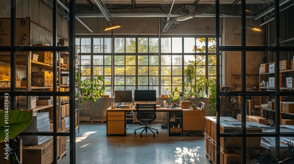 Poster A modern office space with plants and computers, designed for productivity and creativity.