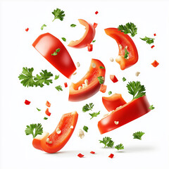 Many red peppers and parsleys are flying around On a white background