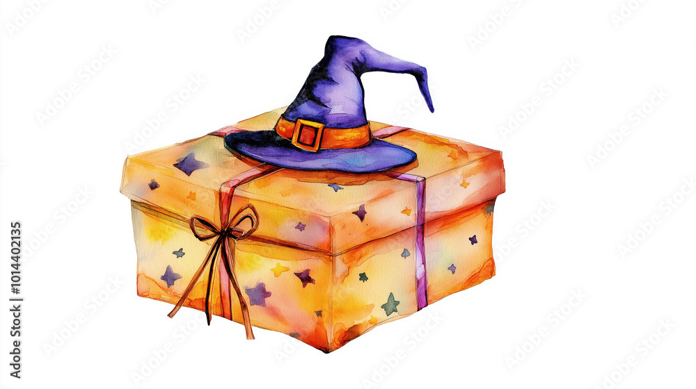 Wall mural a whimsical gift box adorned with a purple witch hat, perfect for halloween celebrations and magical