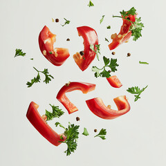 Many red peppers and parsleys are flying around On a white background