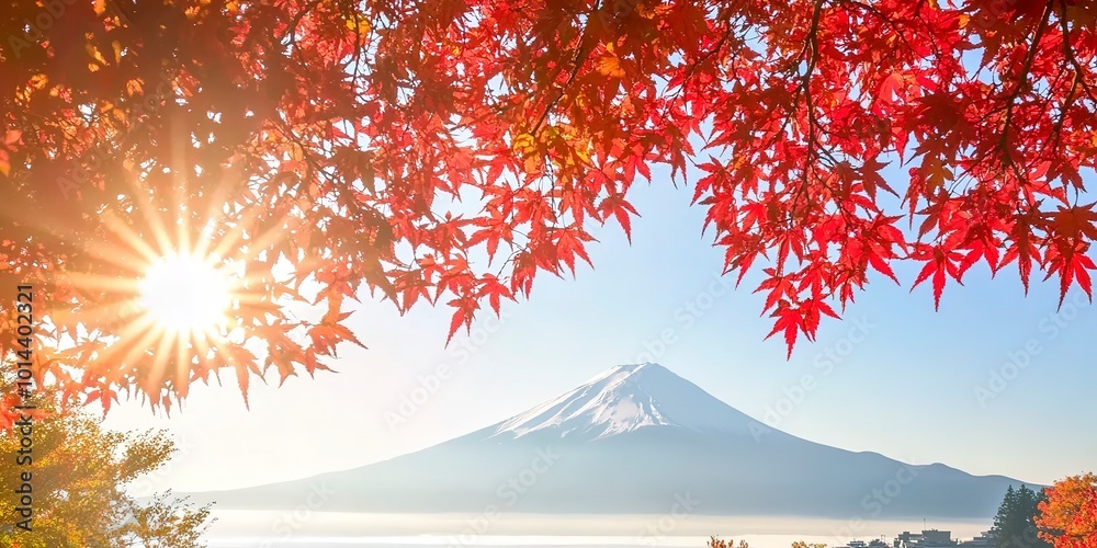 Poster Colorful Autumn Season and Mountain Fuji with morning fog and red leaves at lake Kawaguchiko is one of the best places in Japan 