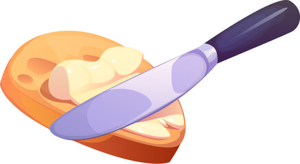 Process of spreading butter on a slice of bread using a knife. Cartoon vector culinary image highlights common breakfast preparation activity, emphasizing the textures of creamy butter and fresh bread