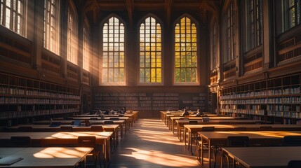 Obraz premium A serene library interior with sunlight streaming through large windows, creating a peaceful study space.