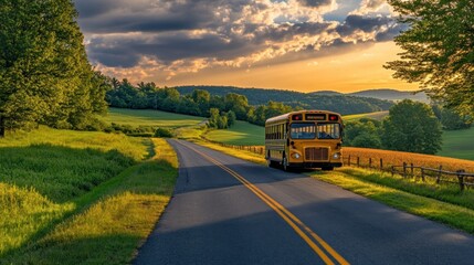 Fototapeta premium A yellow school bus parked on a rural road surrounded by lush green fields at sunset.
