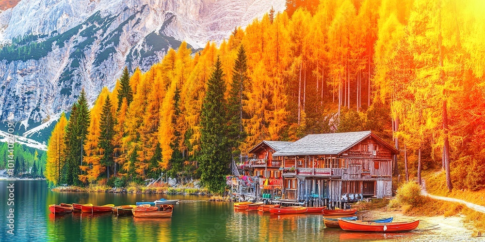 Poster Boats on the Braies Lake and mountains