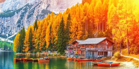 Obraz premium Boats on the Braies Lake and mountains