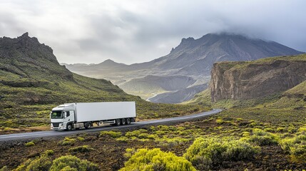 A truck on a winding road surrounded by mountains and lush greenery under a cloudy sky.