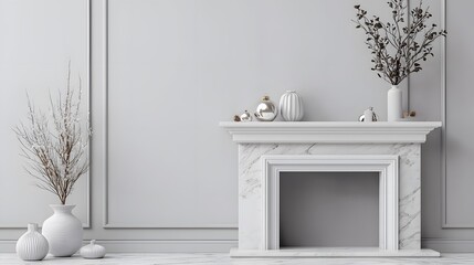 A stylish living room showcases a marble fireplace with silver decorative items, including vases and branches. The background is solid grey, enhancing elegance. Interior room Christmas Decor Concept