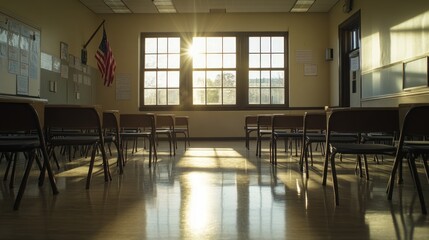 Fototapeta premium A sunlit classroom with empty chairs, evoking a sense of tranquility and learning.