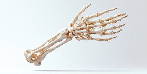 A realistic 3D rendering of a human hand skeleton showcasing its anatomical structure.