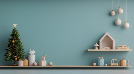 A lively kids' playroom showcasing a colorful Christmas tree adorned with ornaments and playful toys. Interior room Christmas Decor Concept